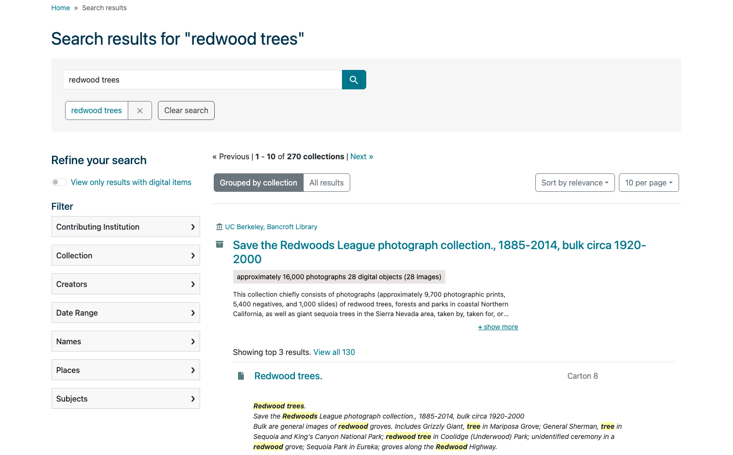 This image shows example search results for the search term, redwood trees. There is a search box across the top of the image. Below the search box, the page then splits into two sections. The left section displays options to refine your search. The right section displays the search results.